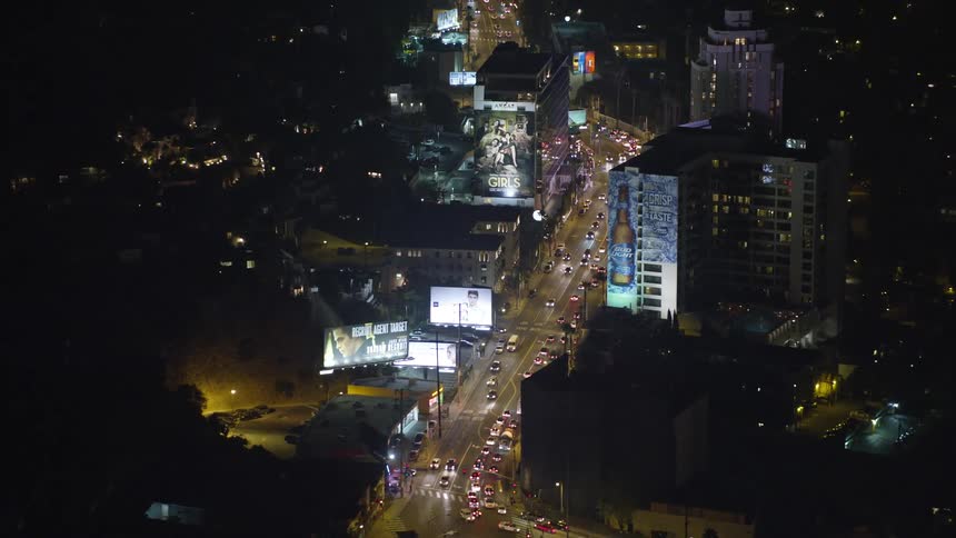 Aerial shot of sunset strip los angeles at night