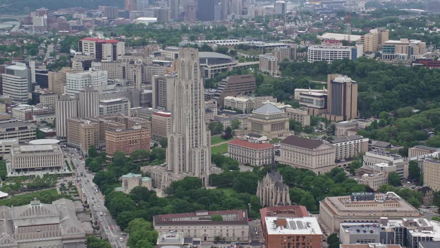 Aerial panorama of a city with buildings in urban neighborhoods amidst hills and with the voice of vegetation