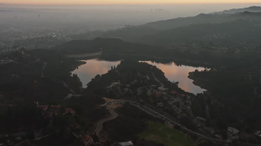 An ariel shot of the hollywood reservoir