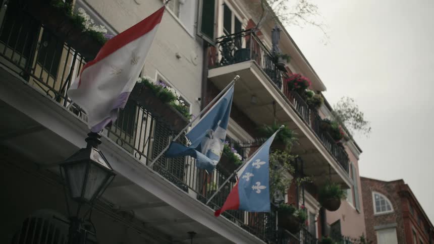 Commercial and residential buildings with flags on a cloudy day