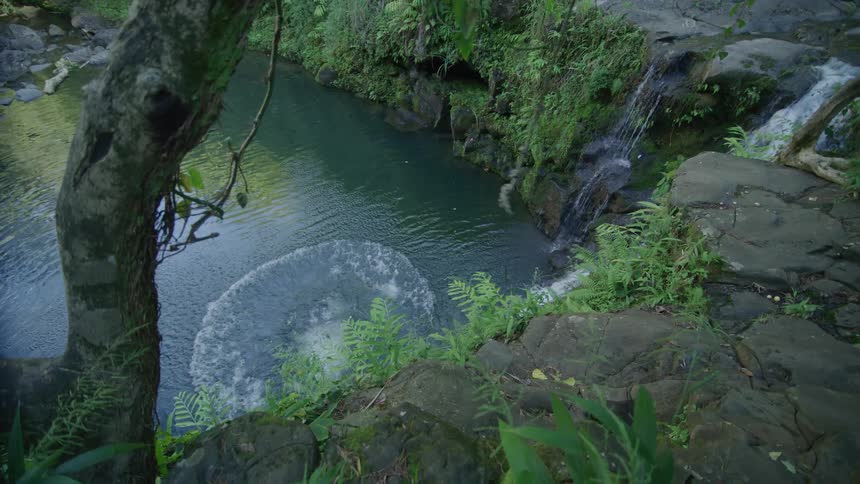 Man leaning on a rope and jumping towards a river with a waterfall