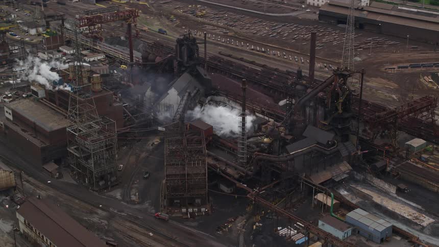 Aerial view of a factory plant emitting smoke