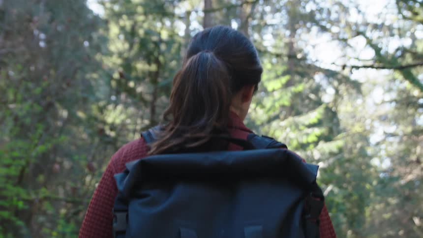 A woman hikes through a forest