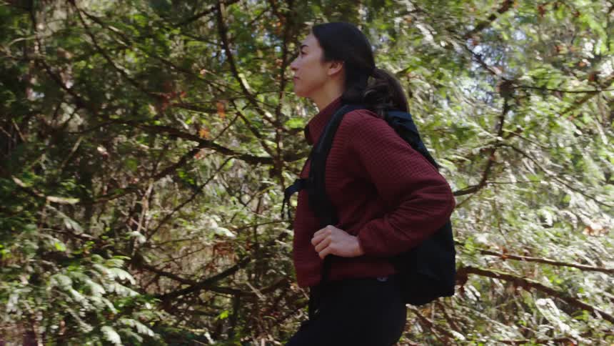 Woman with a backpack walking through the forest in daylight
