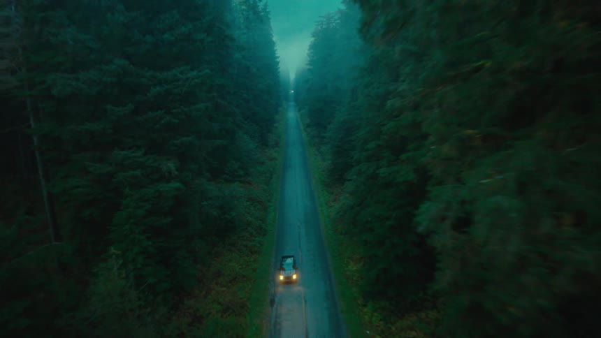 A car drives down the road in the woods