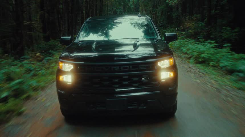 A pickup truck driving on a forest road