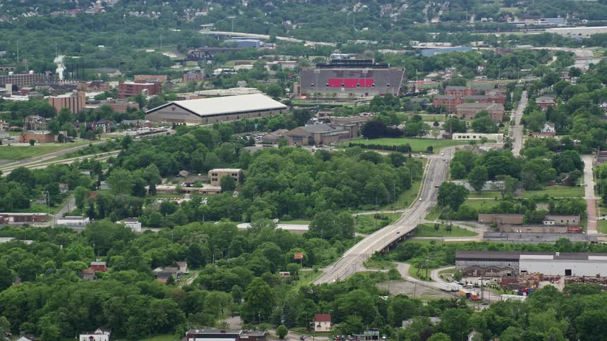 A suburban area with a stadium
