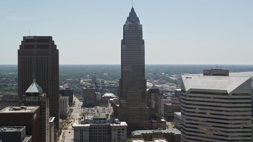 Aerial stock footage of downtown cleveland skyline