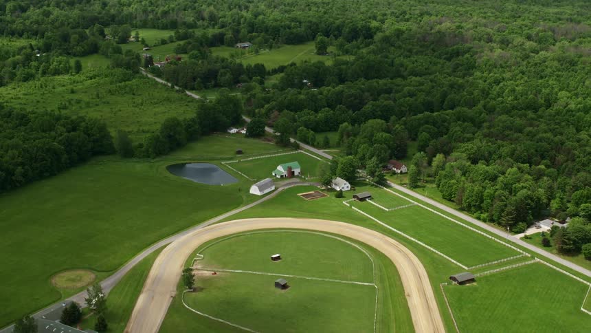 A farm is surrounded by a forest