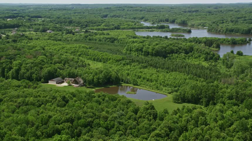 House in the middle of the forest with a pond near a river