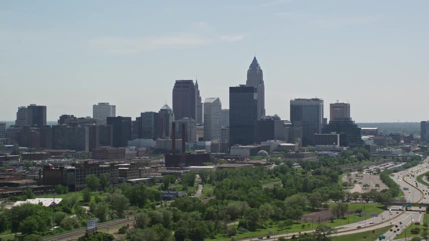 An aerial clip of a city buildings and its transport system