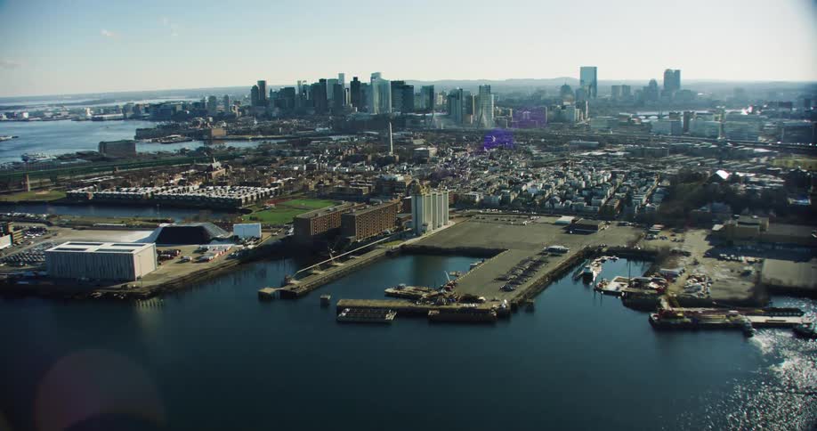 An aerial clip of a citys shore
