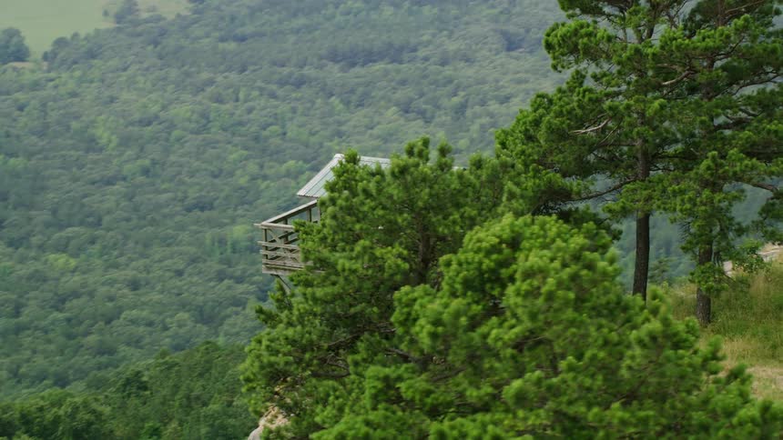 Aerial panorama from a wooden viewpoint on a mountain cliff overlooking the forest