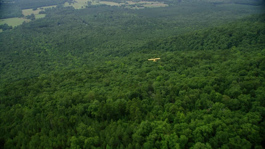 A plane flies over the tree covered mountain