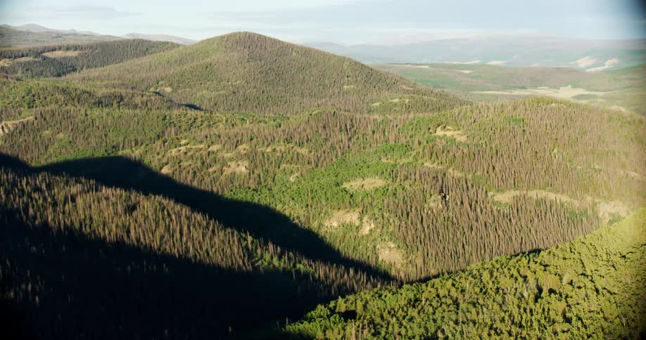 An aerial clip of a mountain summit in the woods