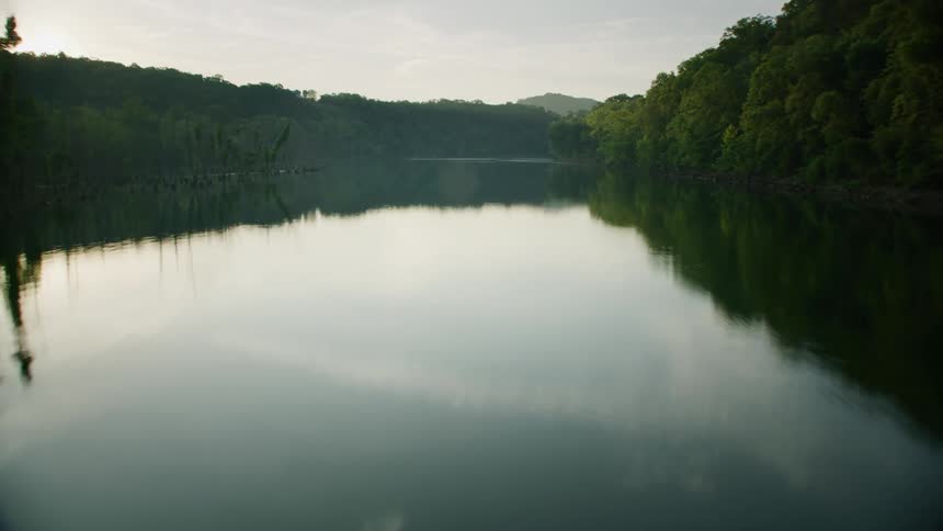 Sunlight is reflection on the river flowing between the forest