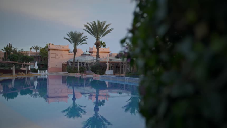 A serene pool reflects the image of palm trees and a building at dusk