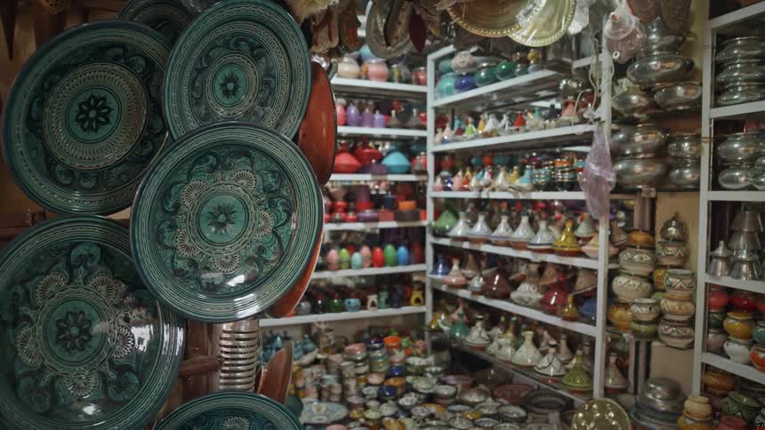 A room in a shop jammed with bowls and other items