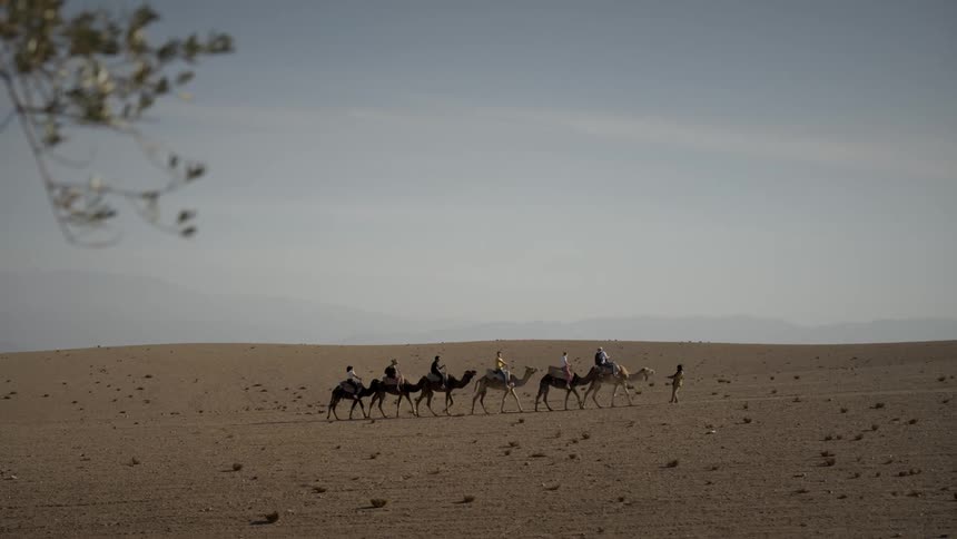 People being guided by a man on a camel tour through the desert