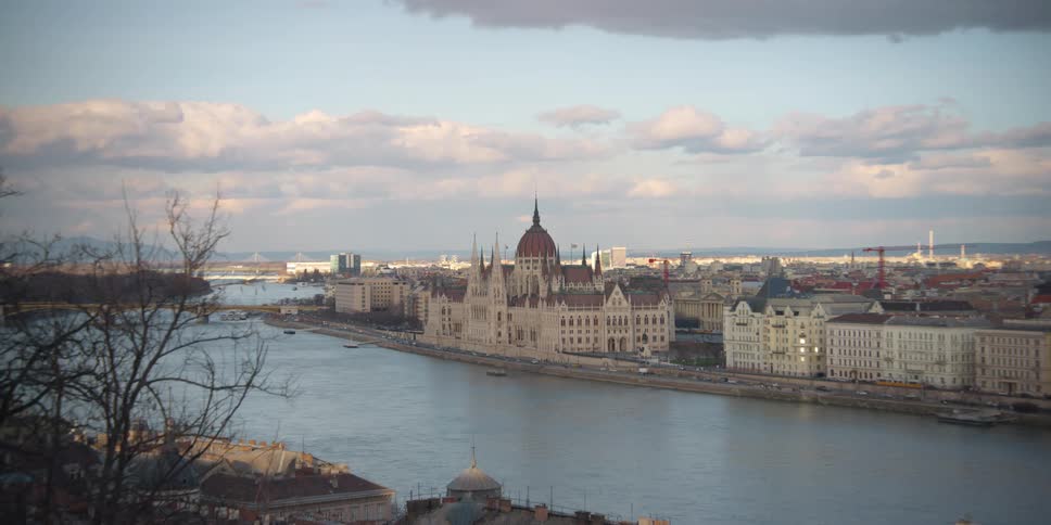 A panoramic view of Budapest centered on the Hungarian Parliament building
