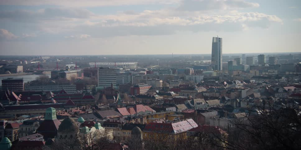 Panorama of Budapest with commercial and urban buildings on a morning sky with clouds