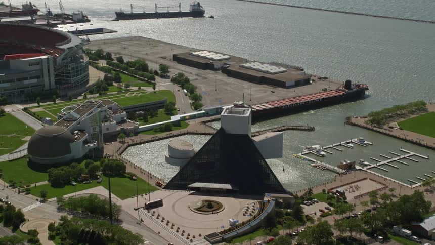 Aaerial scenery of a seaside museum and sports stadium
