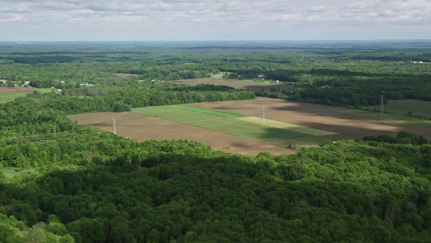 Aerial panorama of agricultural fields and rural houses amidst forests