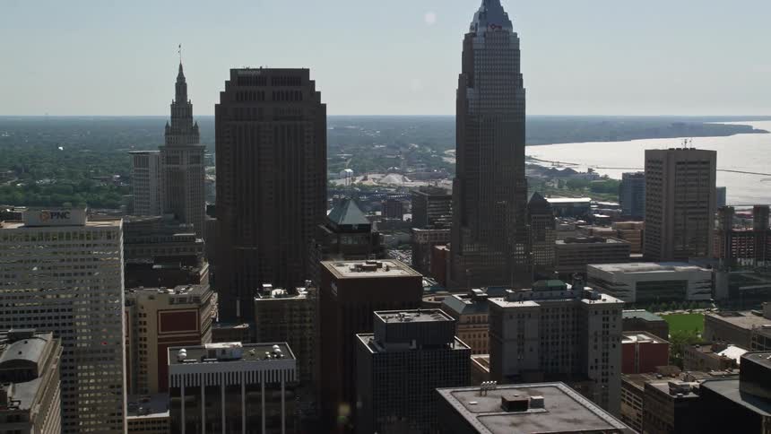 Aerial view of the skyscrapers and buildings in the city of cleveland