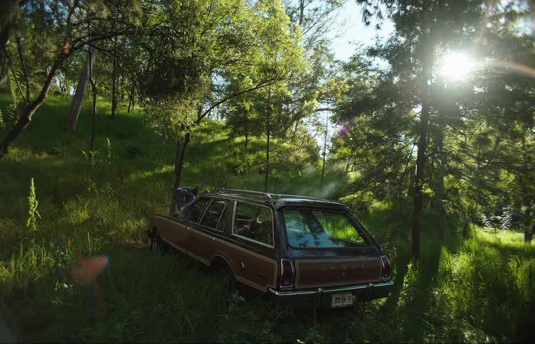 Vintage vehicle parked on a hill in the forest with a person lying on the hood smoking