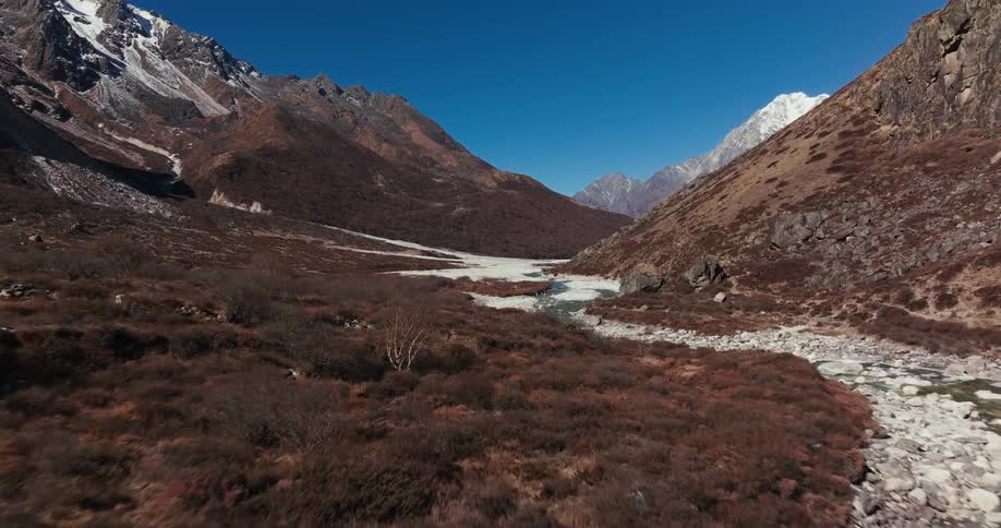 Stream of a flowing river amidst rocks and surrounded by rocky mountains in winter