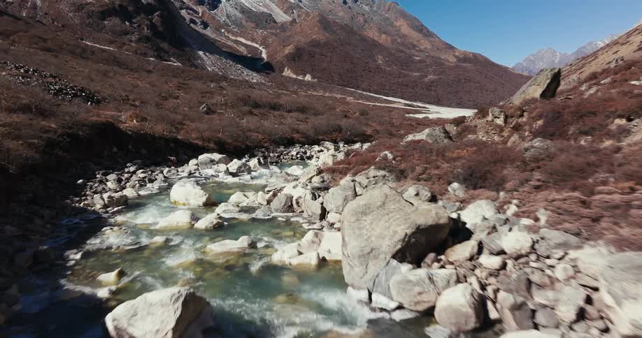 Long river flowing through rocks in the middle of mountains