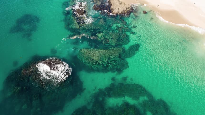 Waves roil over reefs near a beach