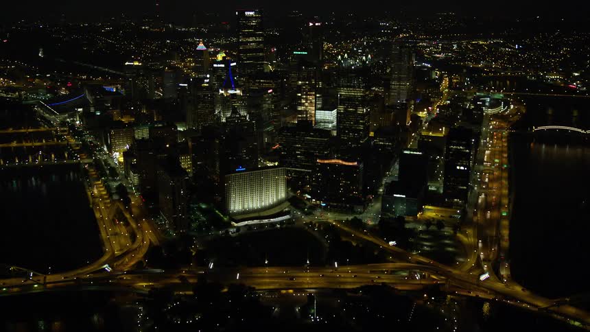 Aerial panorama of a modern metropolis with skyscraper commercial and urban buildings on the seafront at night
