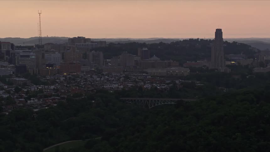 Aerial panorama of a metropolis with buildings and urban areas in a reddish morning sky