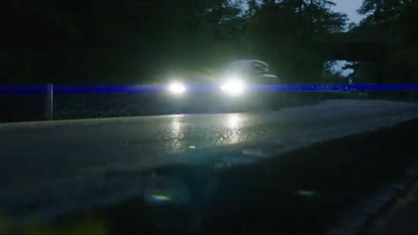 White car with its headlights on passing on a road on a dark morning and surrounded by trees