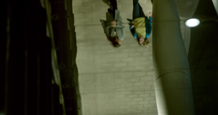 Modern building's mirrored ceiling reflects two women walking on the street below.