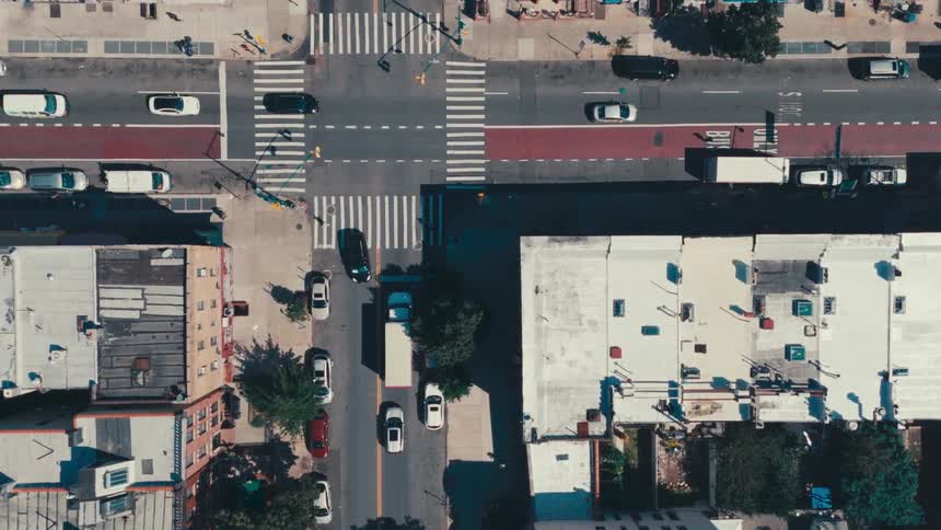 An aerial view of a busy city intersection
