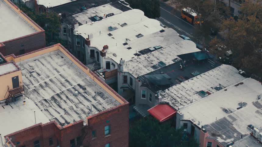 Aerial view of the roofs on a neighborhood in the city