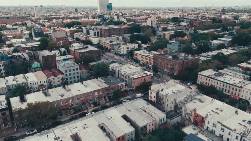 An aerial view of a suburban neighborhood