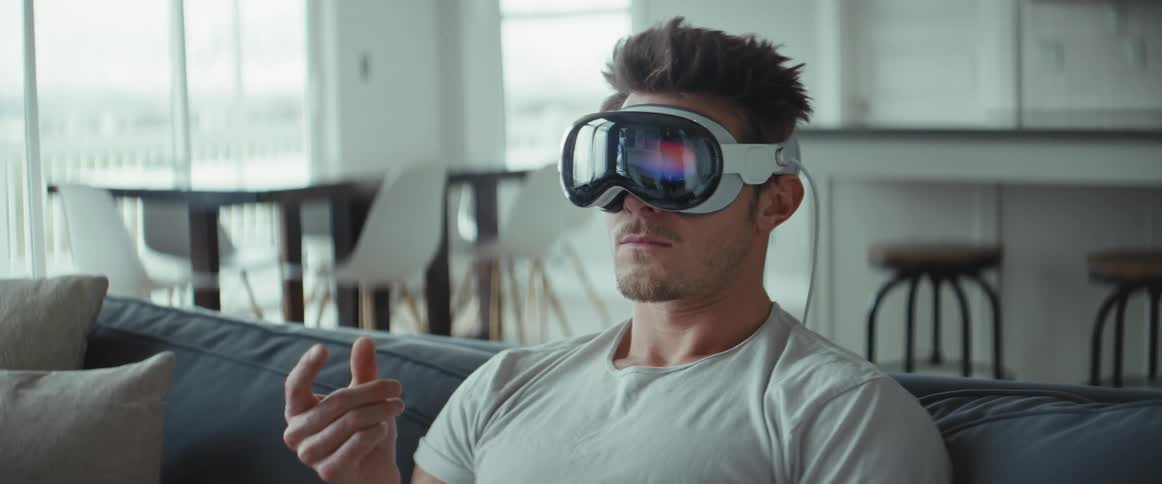 Man sitting in living room while wearing a virtual reality headset gestures to interact in virtual environment