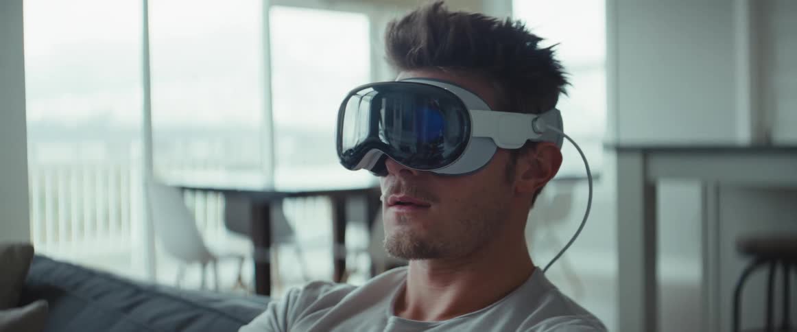 A man sitting on a couch smiling and moving his arm while wearing vr glasses