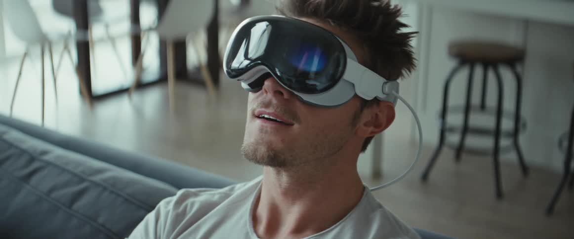 A man sitting on a couch moving his head and smiling while wearing vr glasses
