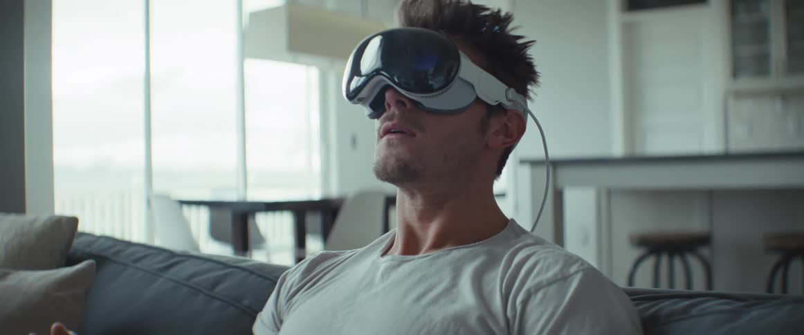 A man is sitting on a sofa while wearing vr glasses on his face