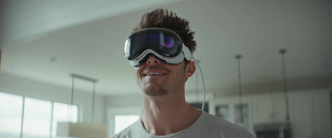 Man wearing vr headset at home smiles while turning his head to look at virtual environment