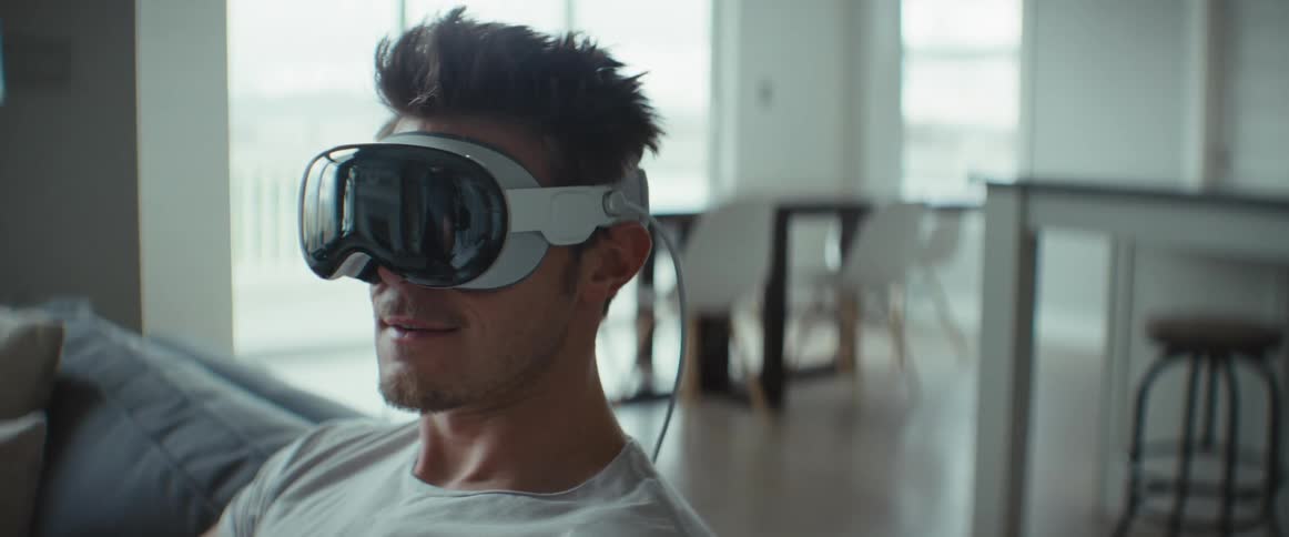 Man wearing virtual reality headset while sitting in living room adjusts it then turns his head
