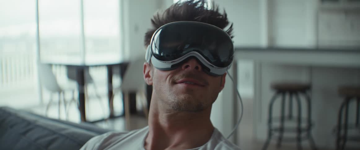 Man sitting in living room smiles while using virtual reality headset