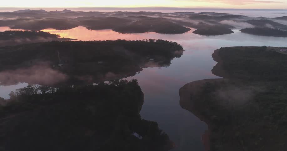 Aerial panorama of islands with river and fog on a morning