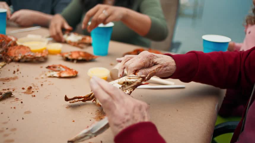 Hands of an elderly lady breaking and eating a crab