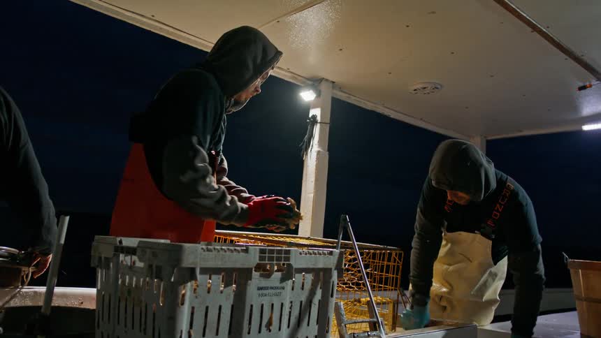 Fishermen on a boat at night preparing for fishing
