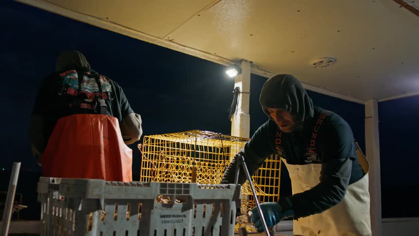 Two male workers placing fishing cages with crabs inside the boat at night